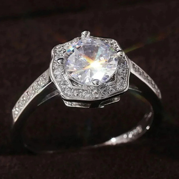 ▶Engagement Hollow Anillos Sparkling Round CZ Dainty Silver Rings, L133